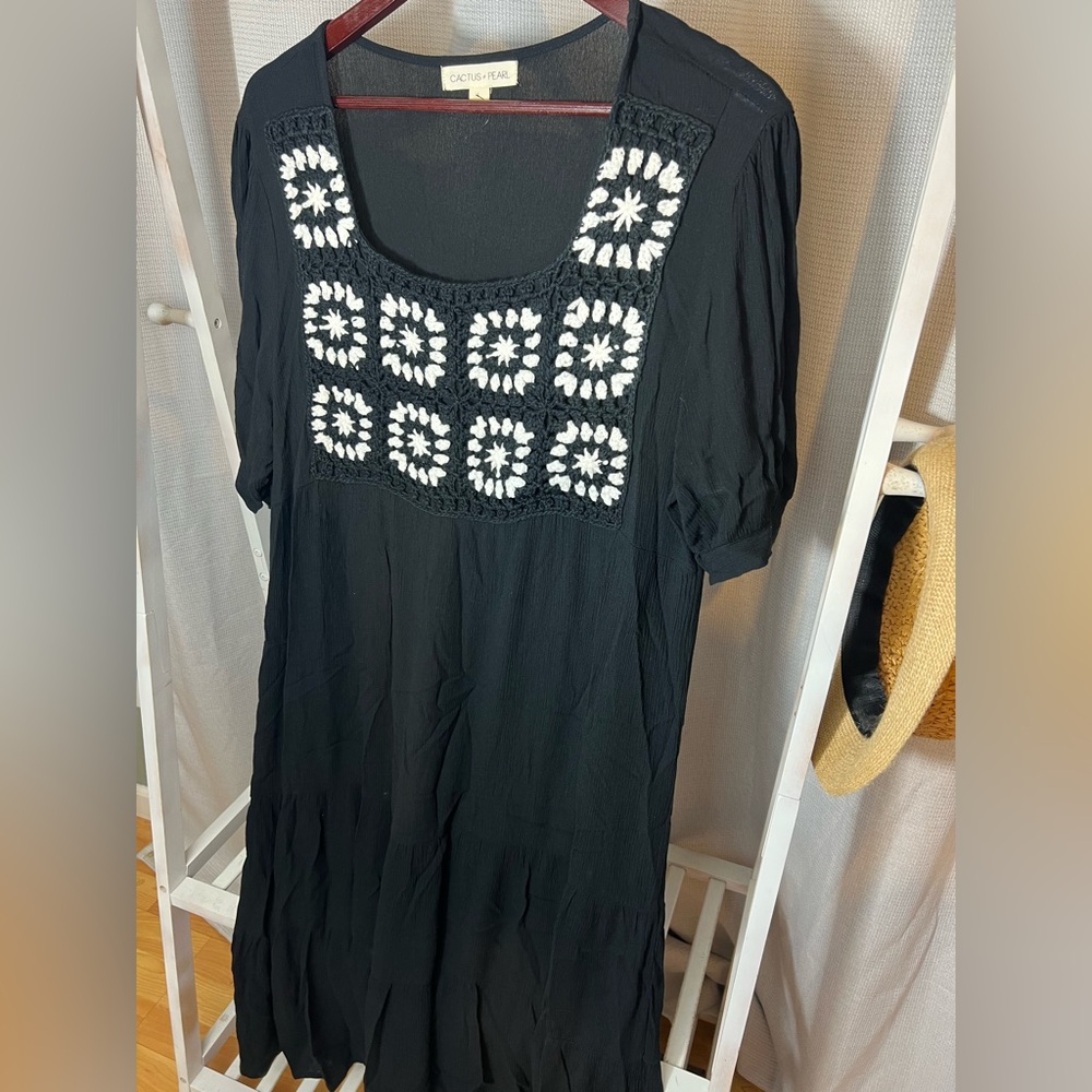 Cactus + Pearl Black Granny Square Midi Dress
